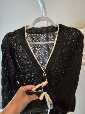 Black Crochet V‑Neck Button Cardigan with Cream Trim